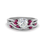 Load image into Gallery viewer, round-cut-twisted-vine-luxury-pink-sapphire-bridal-ring-set-in-white-gold-FDENR3211ROGSADRPIANGLE3-NL-WG
