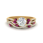 Load image into Gallery viewer, round-cut-twisted-vine-luxury-pink-sapphire-bridal-ring-set-in-yellow-gold-FDENR3211ROGSADRPIANGLE3-NL-YG

