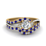 Load image into Gallery viewer, round-cut-two-tone-3-stone-diamond-swirl-bridal-set-with-blue-sapphire-in-FDO50895ROGSABL-NL-YG
