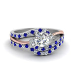 Load image into Gallery viewer, round-cut-two-tone-3-stone-diamond-swirl-bridal-set-with-blue-sapphire-in-FDO50895ROGSABL-NL-WG
