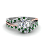 Load image into Gallery viewer, round-cut-two-tone-3-stone-diamond-swirl-bridal-set-with-emerald-in-FDO50895ROGEMGR-NL-WG

