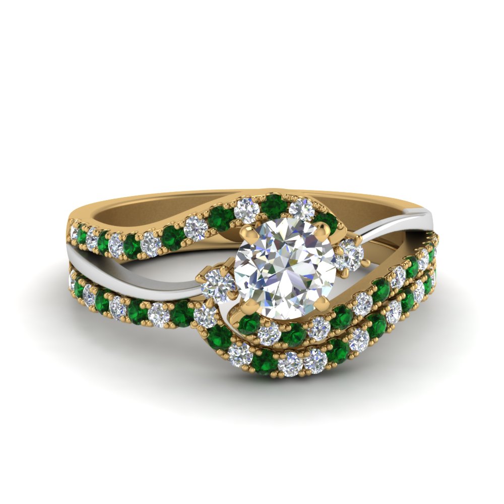 round-cut-two-tone-3-stone-diamond-swirl-bridal-set-with-emerald-in-FDO50895ROGEMGR-NL-YG