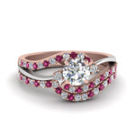 Load image into Gallery viewer, round-cut-two-tone-3-stone-diamond-swirl-bridal-set-with-pink-sapphire-in-FDO50895ROGSADRPI-NL-RG
