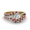 Load image into Gallery viewer, round-cut-two-tone-3-stone-diamond-swirl-bridal-set-with-pink-sapphire-in-FDO50895ROGSADRPI-NL-YG
