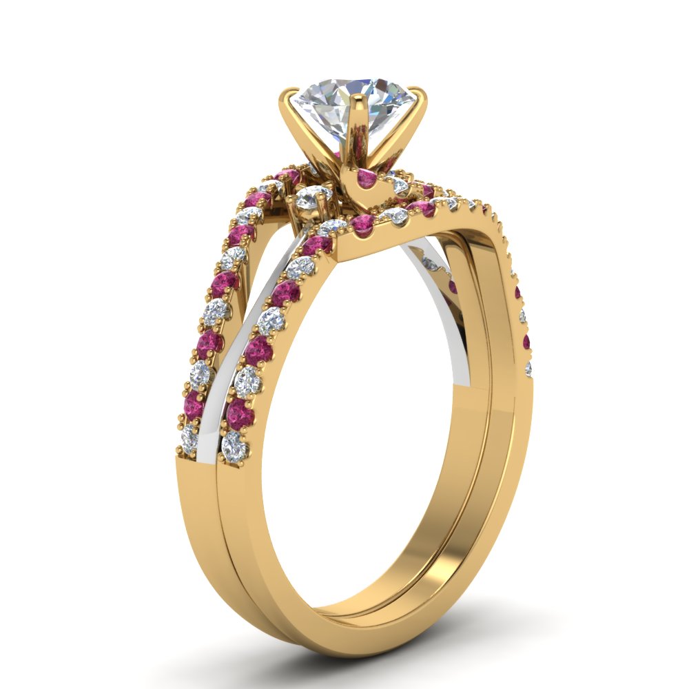 round-cut-two-tone-3-stone-diamond-swirl-bridal-set-with-pink-sapphire-in-FDO50895ROGSADRPI-NL-YG