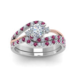 Load image into Gallery viewer, round-cut-two-tone-3-stone-diamond-swirl-bridal-set-with-pink-sapphire-in-FDO50895ROGSADRPI-NL-WG
