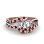 Load image into Gallery viewer, round-cut-two-tone-3-stone-diamond-swirl-bridal-set-with-ruby-in-FDO50895ROGRUDR-NL-RG
