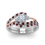 Load image into Gallery viewer, round-cut-two-tone-3-stone-diamond-swirl-bridal-set-with-ruby-in-FDO50895ROGRUDR-NL-WG
