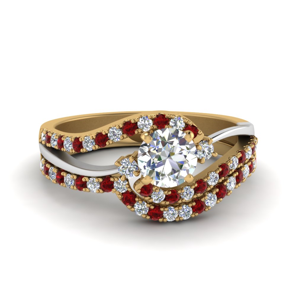 round-cut-two-tone-3-stone-diamond-swirl-bridal-set-with-ruby-in-FDO50895ROGRUDR-NL-YG