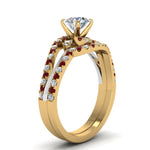 Load image into Gallery viewer, round-cut-two-tone-3-stone-diamond-swirl-bridal-set-with-ruby-in-FDO50895ROGRUDR-NL-YG
