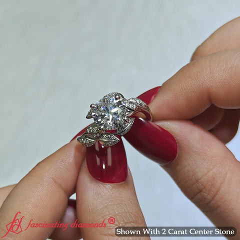 2 Carat Round Diamond Leaf Vine Cluster Engagement Ring
