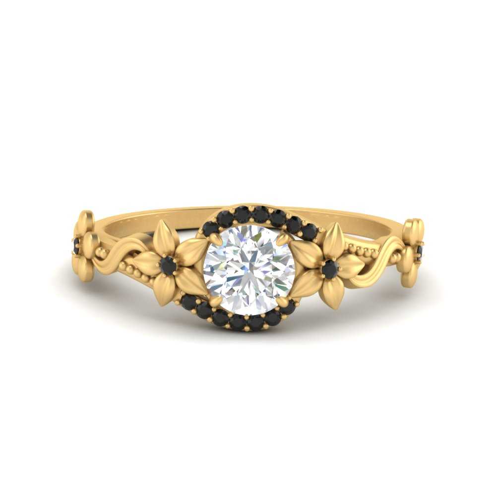 round-floral-halo-black-diamond-engagement-ring-in-FD10057RORGBLACKANGLE3-NL-YG