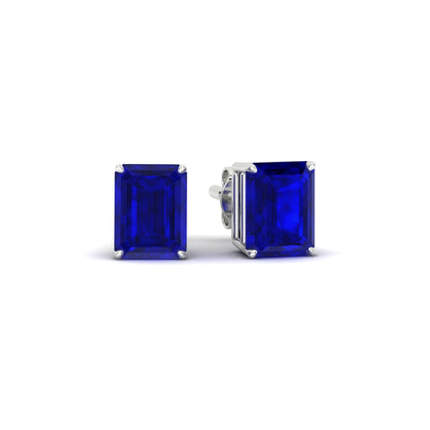 4 Prong Lab Grown Emerald Cut Blue Sapphire Stud Earrings