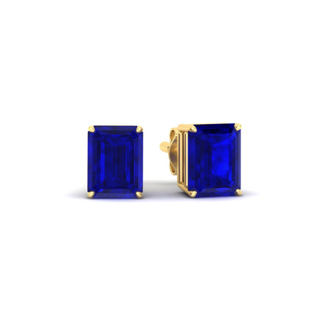 4 Prong Lab Grown Emerald Cut Blue Sapphire Stud Earrings