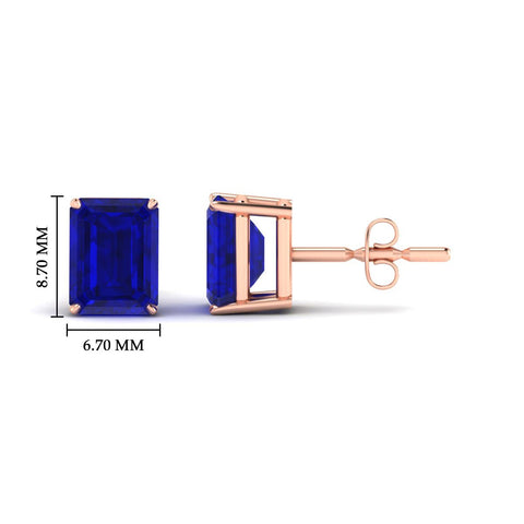 4 Prong Lab Grown Emerald Cut Blue Sapphire Stud Earrings