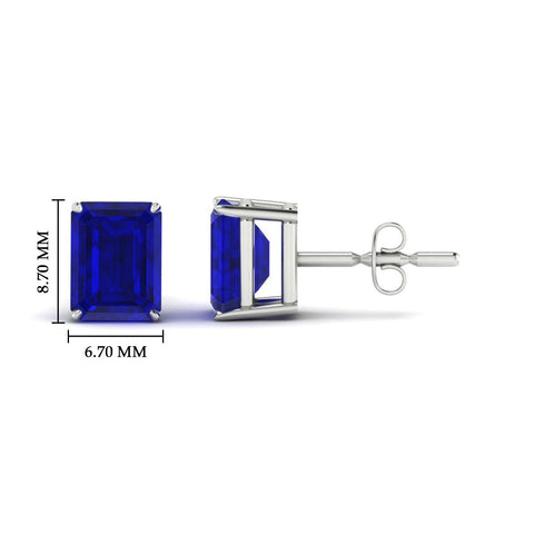 4 Prong Lab Grown Emerald Cut Blue Sapphire Stud Earrings