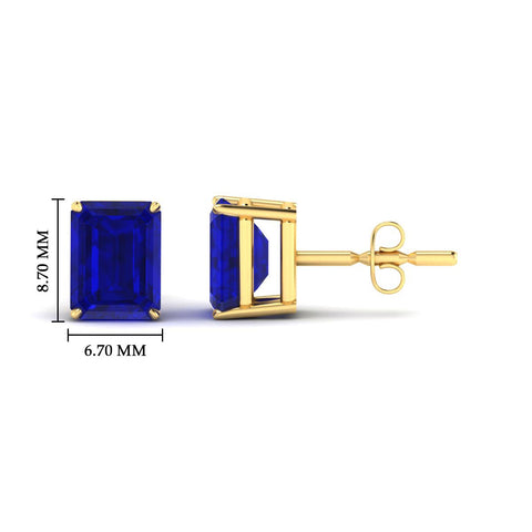 4 Prong Lab Grown Emerald Cut Blue Sapphire Stud Earrings