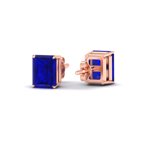 4 Prong Lab Grown Emerald Cut Blue Sapphire Stud Earrings