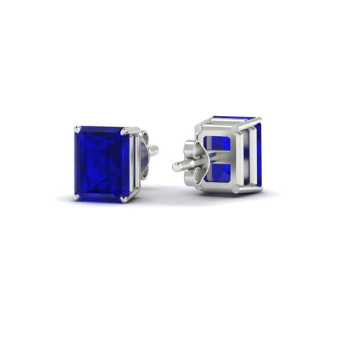 4 Prong Lab Grown Emerald Cut Blue Sapphire Stud Earrings
