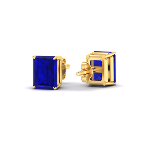 4 Prong Lab Grown Emerald Cut Blue Sapphire Stud Earrings