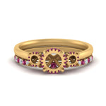 Load image into Gallery viewer, semi-mount-3-stone-hidden-halo-pink-sapphire-ring-with-wedding-band-in-FDENS3179SMRGSADRPIANGLE3-NL-YG
