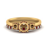 Load image into Gallery viewer, semi-mount-3-stone-hidden-halo-ruby-ring-with-wedding-band-in-FDENS3179SMRGRUDRANGLE3-NL-YG
