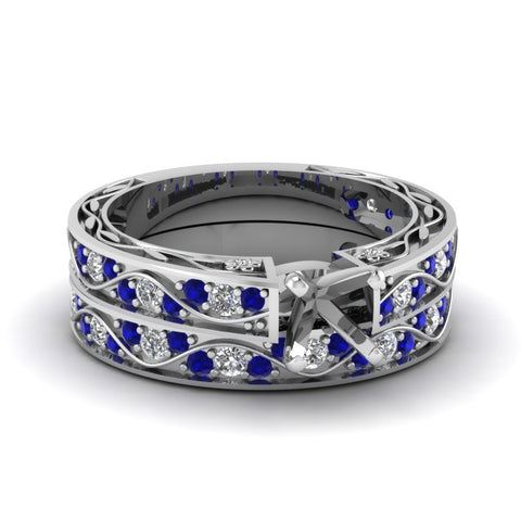 semi-mount-white-diamond-shank-wave-wedding-set-with-blue-sapphire-in-14K-white-gold-FDENS3543SMGSABL-NL-WG