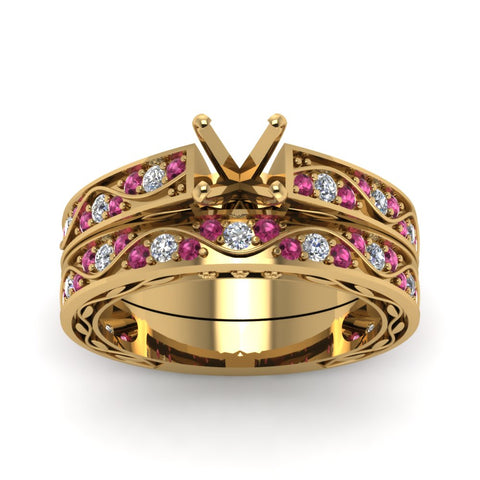 semi-mount-white-diamond-shank-wave-wedding-set-with-dark-pink-sapphire-in-14K-rose-gold-FDENS3543SMGSADRPIANGLE5-NL-YG