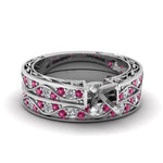 Load image into Gallery viewer, semi-mount-white-diamond-shank-wave-wedding-set-with-dark-pink-sapphire-in-14K-white-gold-FDENS3543SMGSADRPI-NL-WG