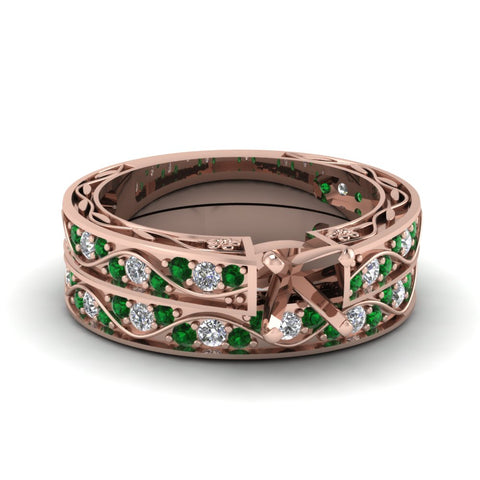 semi-mount-white-diamond-shank-wave-wedding-set-with-green-emerald-in-14K-rose-gold-FDENS3543SMGEMGR-NL-RG