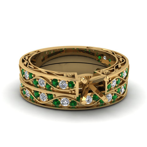 semi-mount-white-diamond-shank-wave-wedding-set-with-green-emerald-in-14K-rose-gold-FDENS3543SMGEMGR-NL-YG