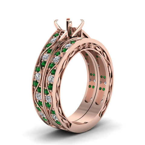 semi-mount-white-diamond-shank-wave-wedding-set-with-green-emerald-in-14K-rose-gold-FDENS3543SMGEMGRANGLE2-NL-RG
