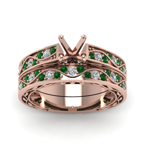 semi-mount-white-diamond-shank-wave-wedding-set-with-green-emerald-in-14K-rose-gold-FDENS3543SMGEMGRANGLE5-NL-RG