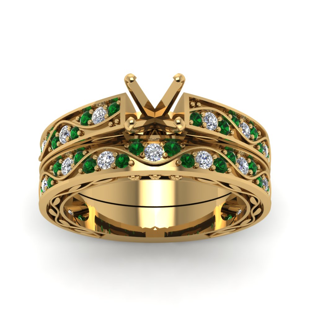 semi-mount-white-diamond-shank-wave-wedding-set-with-green-emerald-in-14K-rose-gold-FDENS3543SMGEMGRANGLE5-NL-YG