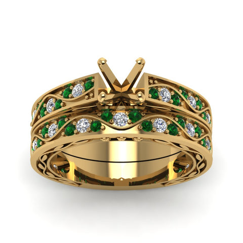 semi-mount-white-diamond-shank-wave-wedding-set-with-green-emerald-in-14K-rose-gold-FDENS3543SMGEMGRANGLE5-NL-YG