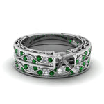 Load image into Gallery viewer, semi-mount-white-diamond-shank-wave-wedding-set-with-green-emerald-in-14K-white-gold-FDENS3543SMGEMGR-NL-WG