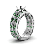 Load image into Gallery viewer, semi-mount-white-diamond-shank-wave-wedding-set-with-green-emerald-in-14K-white-gold-FDENS3543SMGEMGRANGLE2-NL-WG