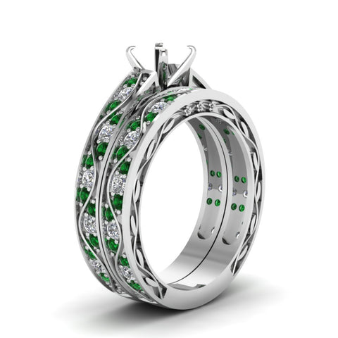semi-mount-white-diamond-shank-wave-wedding-set-with-green-emerald-in-14K-white-gold-FDENS3543SMGEMGRANGLE2-NL-WG