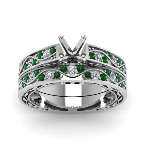 semi-mount-white-diamond-shank-wave-wedding-set-with-green-emerald-in-14K-white-gold-FDENS3543SMGEMGRANGLE5-NL-WG