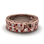 Load image into Gallery viewer, semi-mount-white-diamond-shank-wave-wedding-set-with-red-ruby-in-14K-rose-gold-FDENS3543SMGRUDR-NL-RG