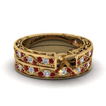 Load image into Gallery viewer, semi-mount-white-diamond-shank-wave-wedding-set-with-red-ruby-in-14K-rose-gold-FDENS3543SMGRUDR-NL-YG