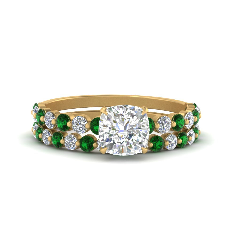 shared-prong-cushion-engagement-and-wedding-ring-set-with-emerald-in-FDENS3023CUGEMGR-NL-YG