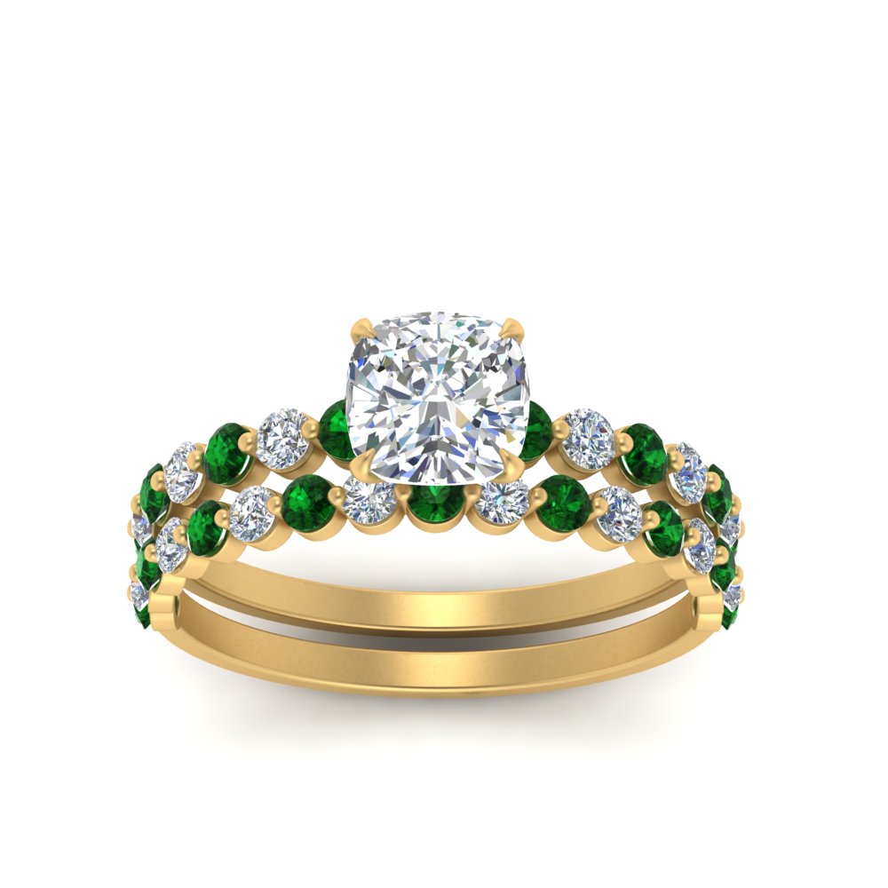 shared-prong-cushion-engagement-and-wedding-ring-set-with-emerald-in-FDENS3023CUGEMGR-NL-YG