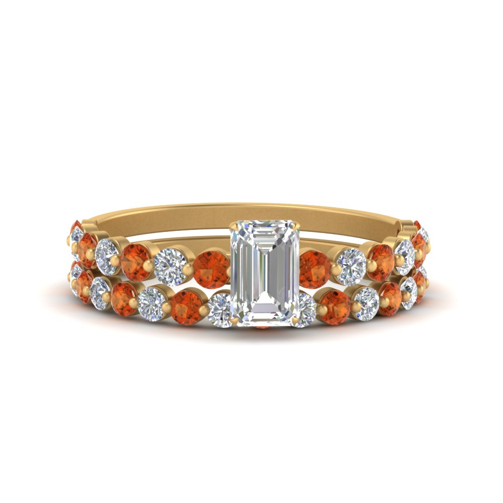 shared-prong-emerald-cut-engagement-and-wedding-ring-set-with-orange-sapphire-in-FDENS3023EMGSAOR-NL-YG