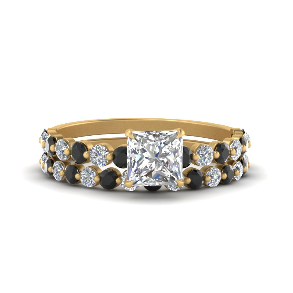 shared-prong-princess-cut-engagement-and-wedding-ring-set-with-black-diamond-in-FDENS3023PRGBLACK-NL-YG
