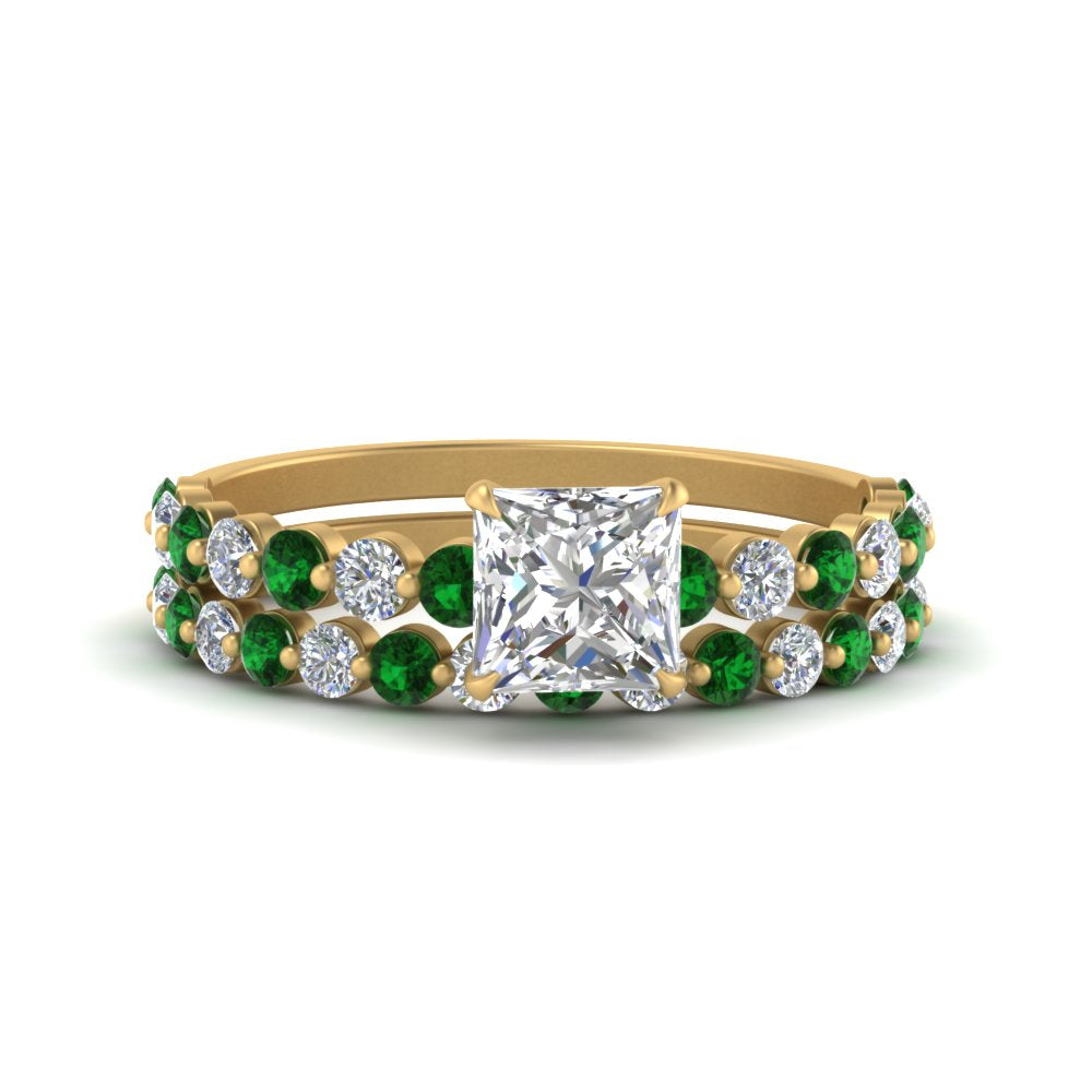 shared-prong-princess-cut-engagement-and-wedding-ring-set-with-emerald-in-FDENS3023PRGEMGR-NL-YG