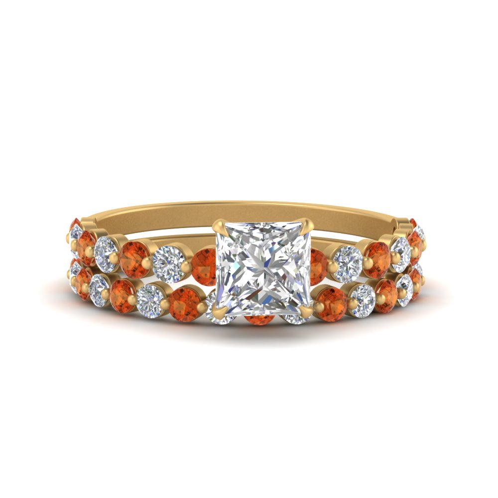 shared-prong-princess-cut-engagement-and-wedding-ring-set-with-orange-sapphire-in-FDENS3023PRGSAOR-NL-YG