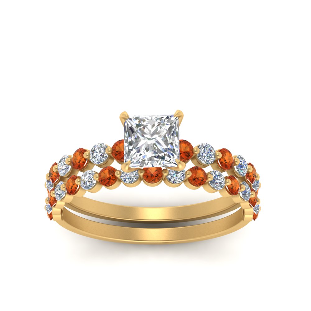 shared-prong-princess-cut-engagement-and-wedding-ring-set-with-orange-sapphire-in-FDENS3023PRGSAOR-NL-YG