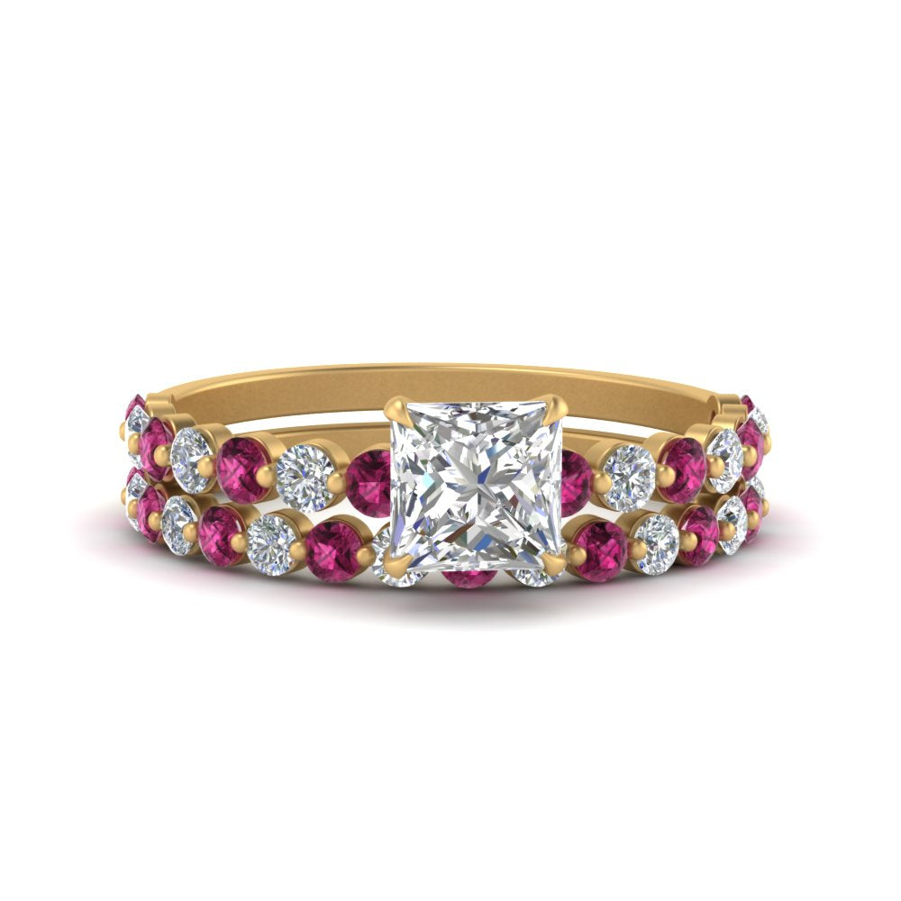 shared-prong-princess-cut-engagement-and-wedding-ring-set-with-pink-sapphire-in-FDENS3023PRGSADRPI-NL-YG