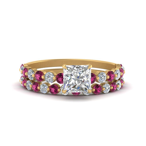 shared-prong-princess-cut-engagement-and-wedding-ring-set-with-pink-sapphire-in-FDENS3023PRGSADRPI-NL-YG